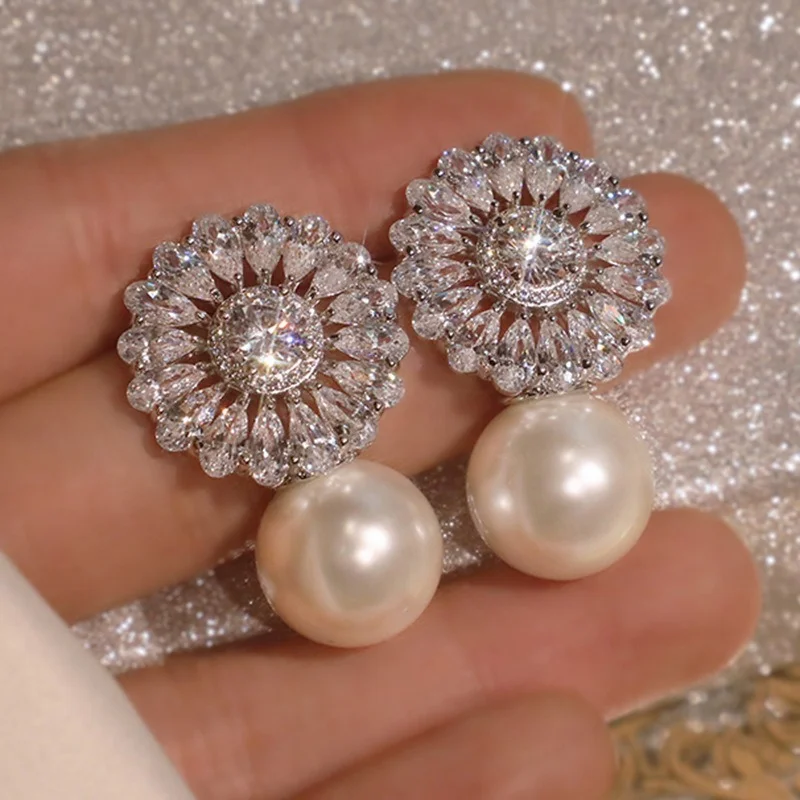 

Exquisite flower pearl zircon women's Earrings bride engagement dinner jewelry