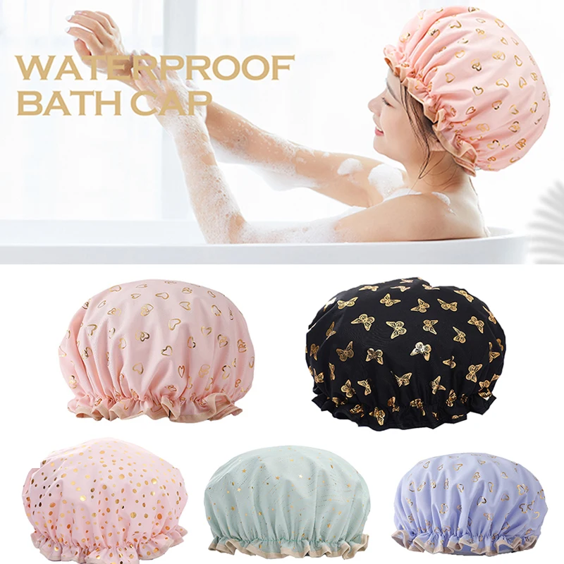 

1 PCS Waterproof Comfortable Double Layer Bath Cap Durable Breathable Printed Bath Cap Waterproof Bath Cap Bathroom Supplies
