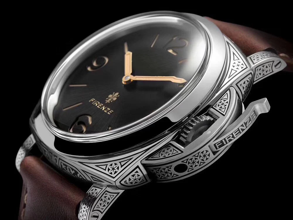 

mens mechanical watch automatic Sculpture Flower black brown leather