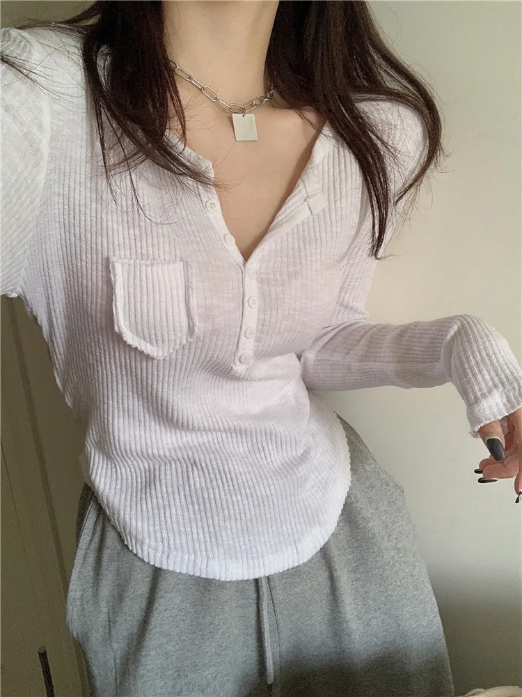 

High Sense of Quality Slim Base Shirt Long-sleeved T-shirt 2023 Autumn/winter New Slim Button-up Tops Elegant T-shirt Ins