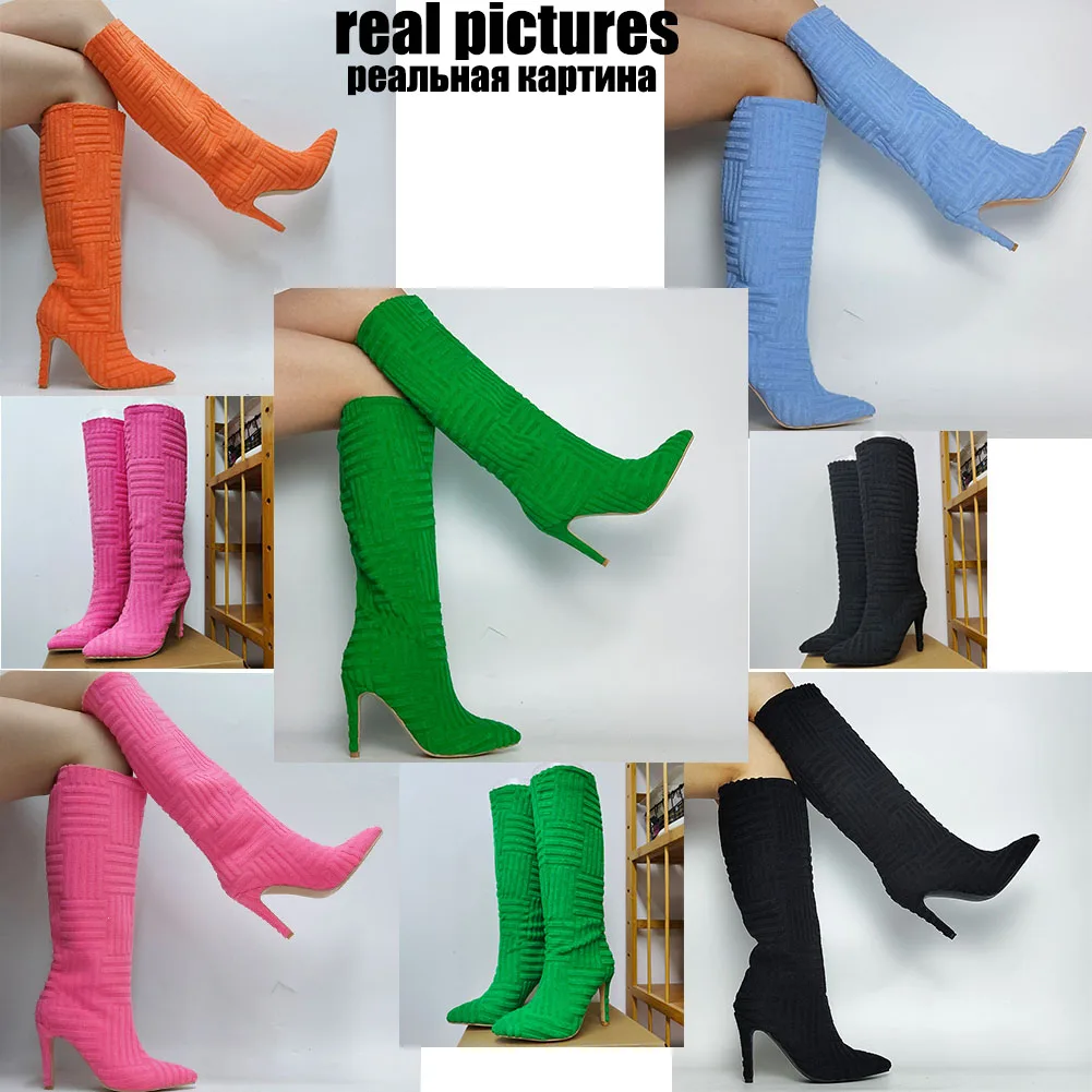 Niche Design Brand New Women's Knee High Boots Pointed Toe Thin Heels Party Sexy Ladies Club Flock Shoes For Woman |