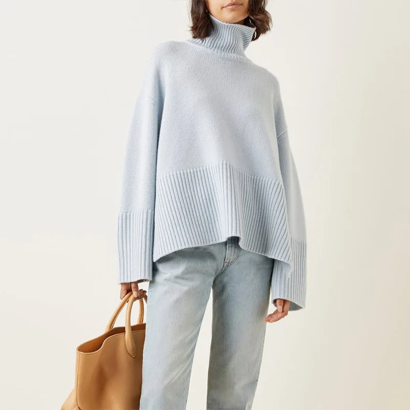 

High Neck Women's Long Sleeve Cashmere Knitted Sweater Autumn and Winter Ladies Simple Wide Loose Bottom Split Pullover