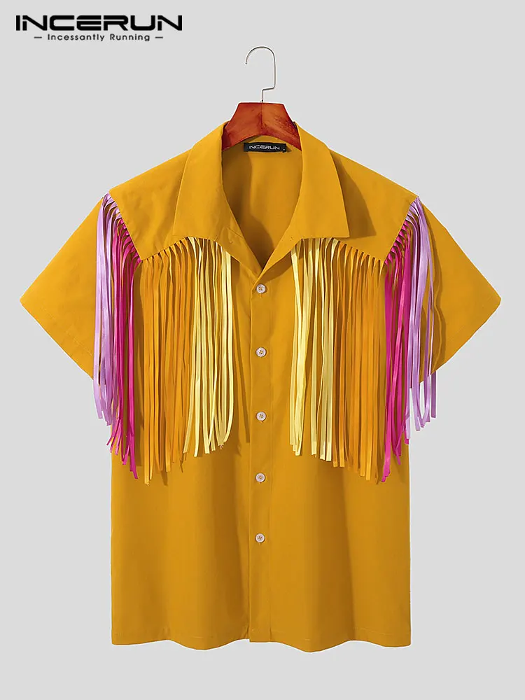 Stylish Well Fitting New Men's Shoulder Colorful Tassel Blosue Fashion Short-sleeved Button Lapel Shirts S-5XL INCERUN Tops 2022