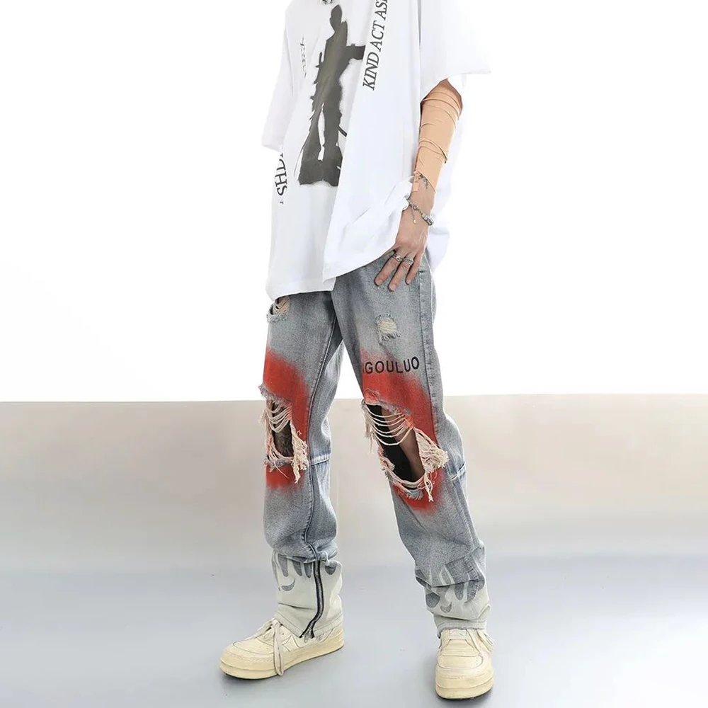 Men Street Hiphop Y2K Hole Flame Jeans Graffiti Printed Letter Retro Ripped Casual Trousers Streetwear Harajuku High Street