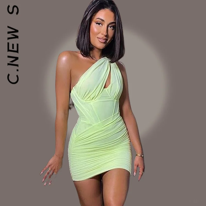 

C.New S Women Dress Fashion One Shoulder Mesh Sexy Bodycon Dresses Simple Slim Sexy Dress Girl Female Clothing Vestidos