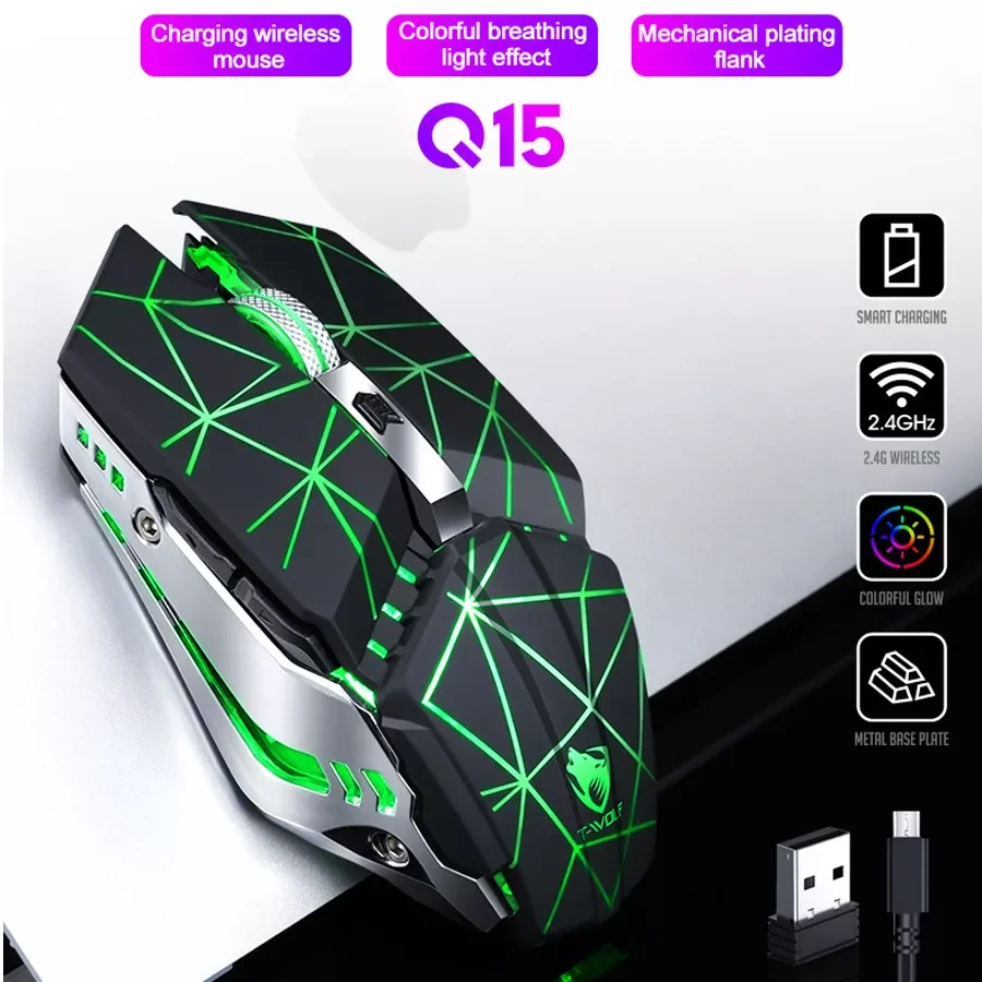 

T-wolf Q15 USB Wireless Mouse Charging Silent Mute Light Touch Wheel Gaming Mouse Star Black