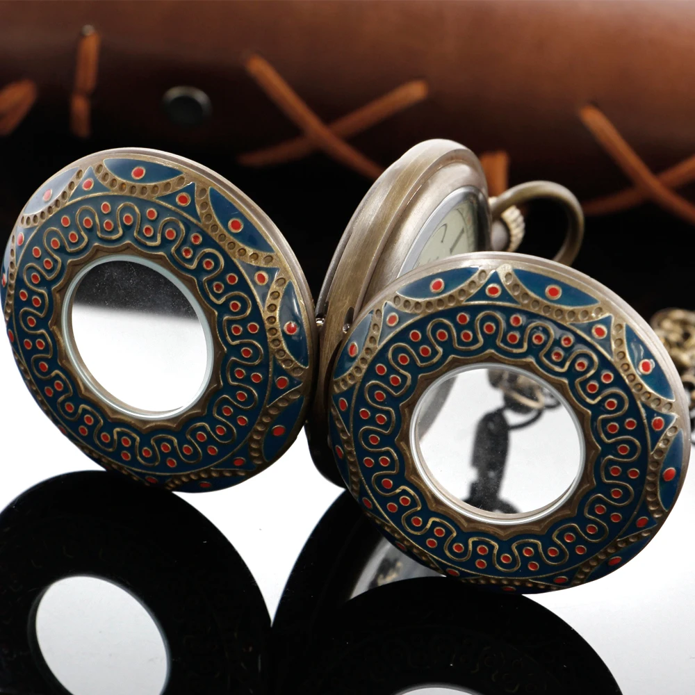 New Luxury Blue Pattern Mechanical Pocket Watch Retro Hollowed-Out Case Simulated Skeleton Flywheel Mens Mechanical Pocket Watch