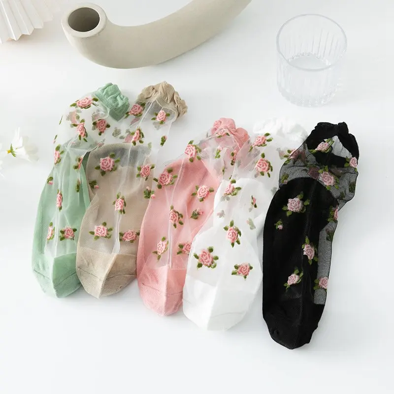 

Милые кружевные носки с цветами розы, дышащие летние ультратонкие прозрачные носки для девочек, женские шелковые носки средней длины с пузырьковым ртом