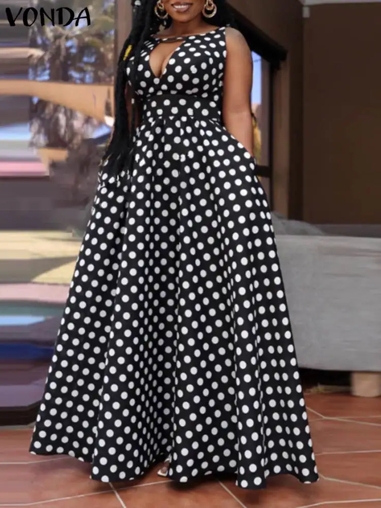 

Элегантный Богемный сарафан VONDA в горошек, лето 2023, женское Макси-Платье с V-образным вырезом без рукавов, сексуальное Повседневное платье с вырезами, женское платье