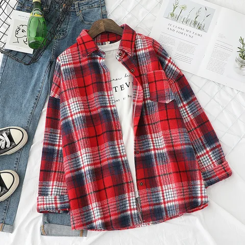 Shirts Loose Thickened Ground Wool Plaid Shirt Women Autumn Winter Coat Outside Wear Retro Womens Tops Camisas De Mujer