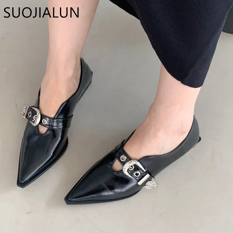 SUOJIALUN 2023 Spring New Brand Women Flat Shoes Fashion Pointed Toe Shallow Ladies Loafers Square Low Heel Female Working Shoes