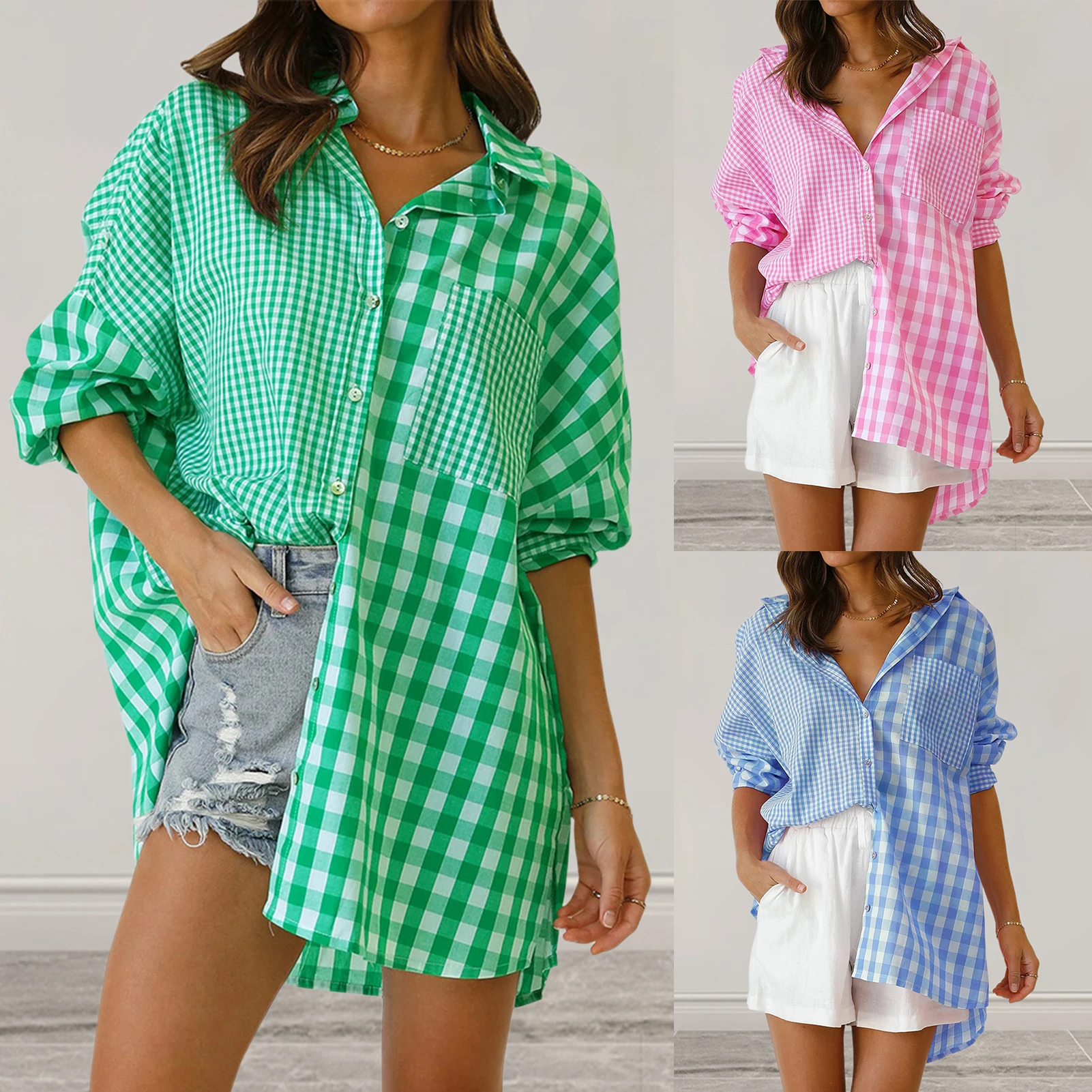

Women Long Sleeve Contrast Plaid Checkered Shirt Pocket Design Casual Standard-fit Button Down Gingham Shirts Oversized T Shirt