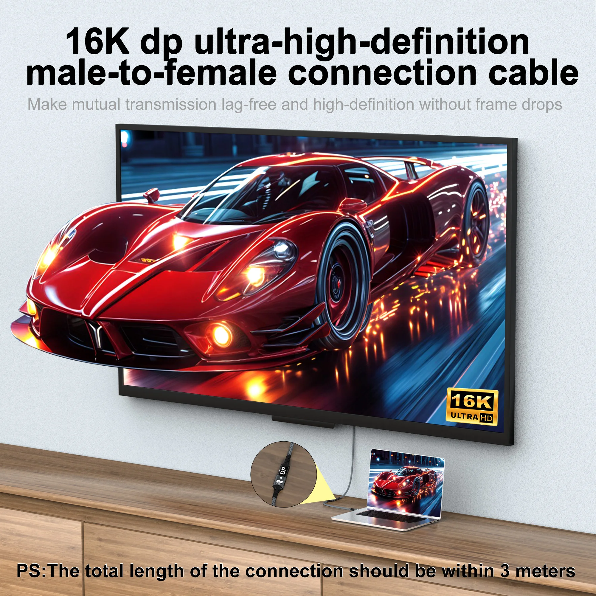 Удлинительный кабель 16K DP 2.1 80 Гбитс HDR Video Audio DP to DisplayPort 16K@30Hz 8K@60Hz 4K@120Hz для ПК, ТВ, ноутбука, монитора, проектора (art.: 3920d3df02acb) - 3920d3df02acb