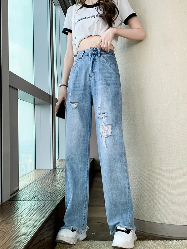 

Ripped Jeans Women's Summer Thin Section 2022 New High Waist Straight Tube Drape Wide Leg Pants Baggy Jeans Women Clothes