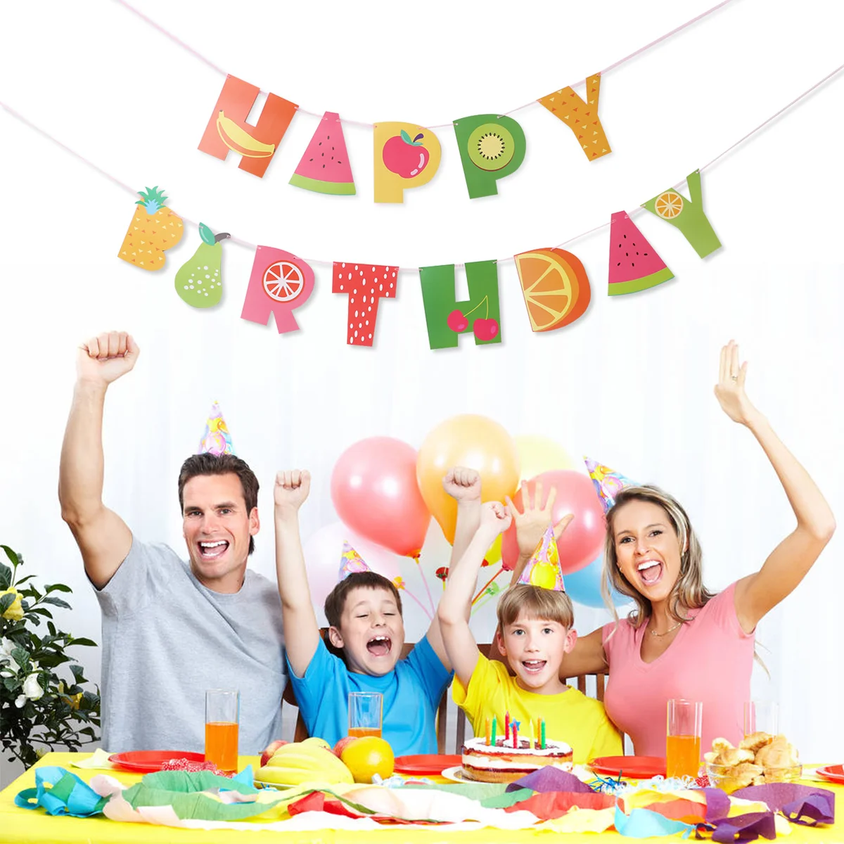 

About 3 Meters Paper Banner Summer Theme Fruit Shape Happy Birthday Decorative Flag Party Bunting for Summer Tropical Party
