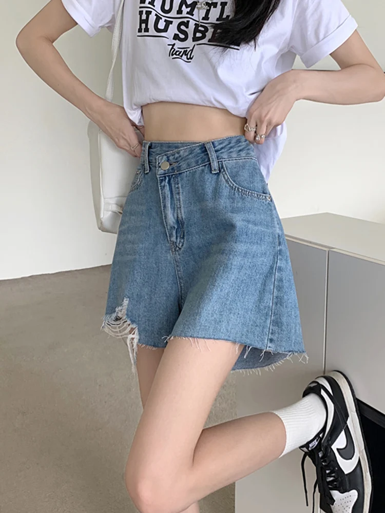 New Summer Women High Waist Hole Frayed Blue Denim Shorts Streetwear Female Button Loose Jeans Shorts Bottoms