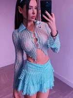 sexy y2k see through top skirt 2 piece sets women 2022 fashion button up lace short shirt skirt matching set party clubwear