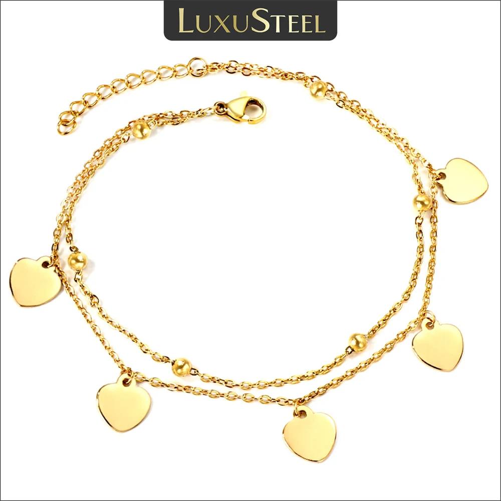 

LUXUSTEEL Double Layer Love Heart Ball Charm Bracelet On The Leg Gold Plated Stainless Steel Anklet For Women Summer Accessories