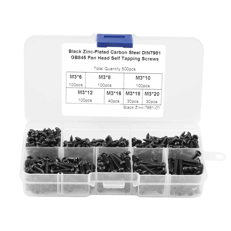 

New 500Pcs M3 Cross Drive Button Head Screws Kit, Self-Tapping Button Pan Head Screws Assortment Kit With Plastic Case Black