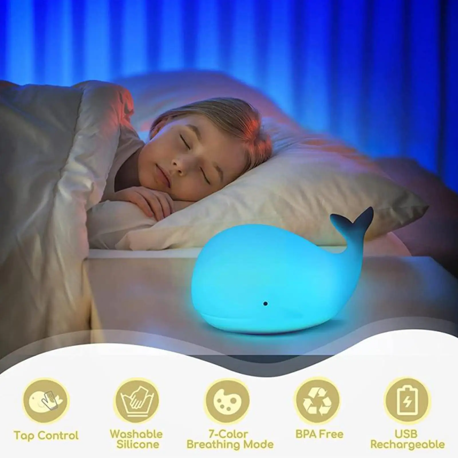 

7-Color Changeable Whale Silicone Lamp LED Night Light USB Rechargeable Children Decorative Light Lamp Bedroom W4S4