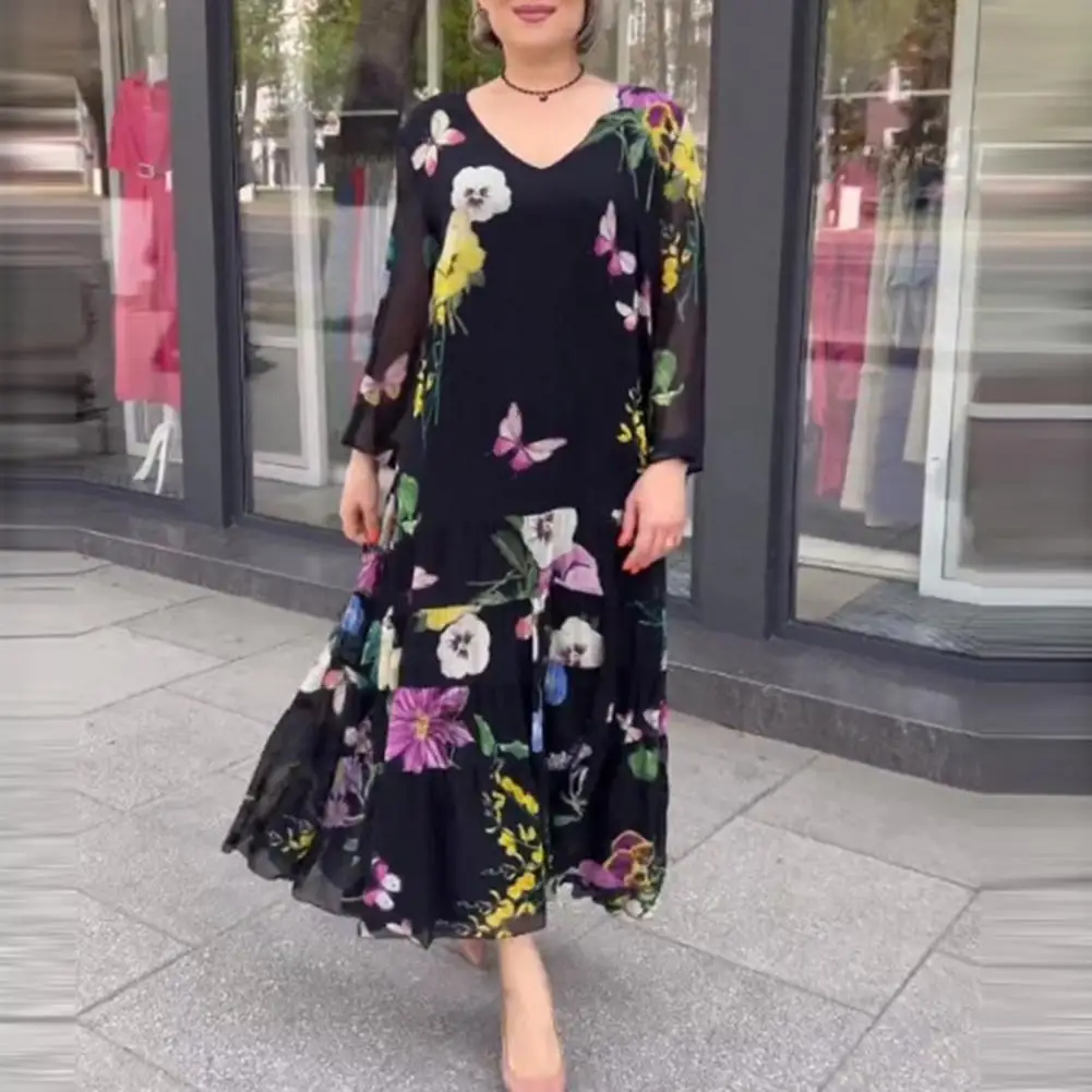 

Loose Cut Dress Floral Patchwork Maxi Dresses Soft Flowy Elegant A-line Designs for Women with Long Sleeves Pleated Ankle-length