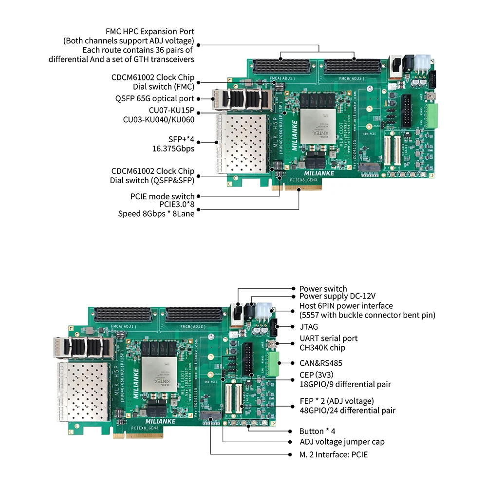 Фото Плата разработки Kintex UltraScale+ Series MLK-H5P-CU03/07-KU040/060/15P с интерфейсами SFP+ PCIe3.0*8 QSFP, 16.375 Гбит/с №3