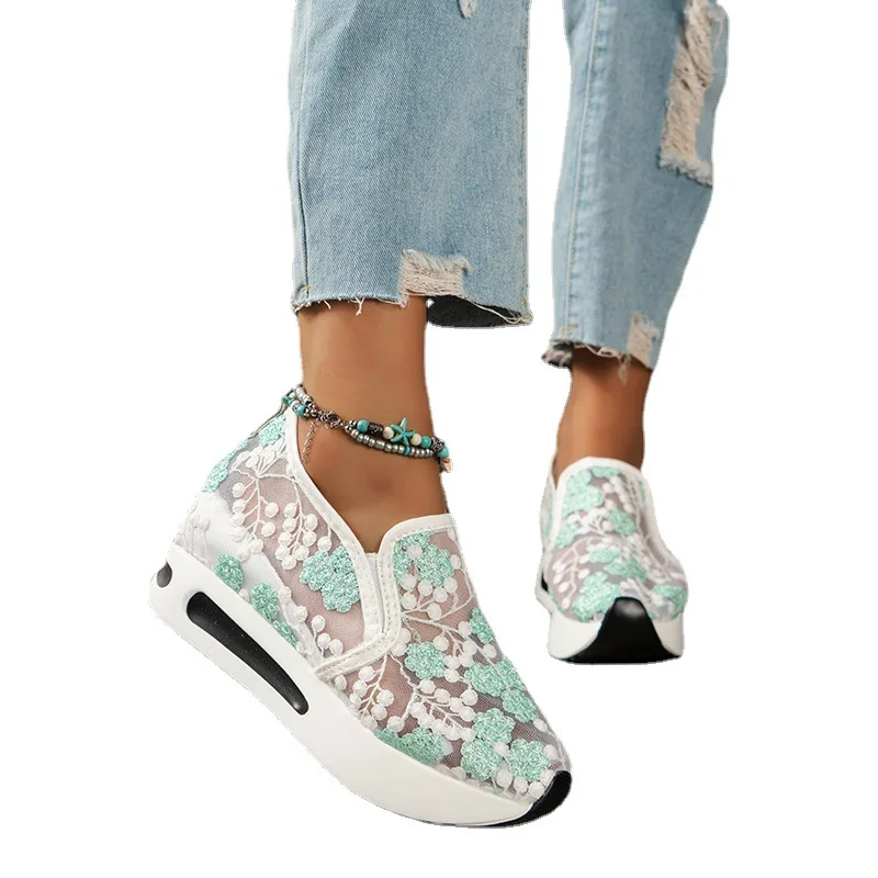 Fashion Loafers Ladies Breathable Lace Mesh Flower Summer Comfy Flats Shoes Women Round Head Thick Bottom Casual Shoes
