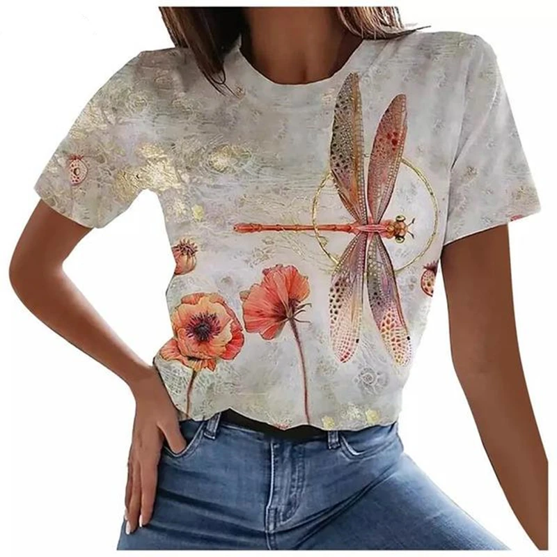 

Sexy Fashion Comfortable Breathable 2022 New Summer Women's Floral Dragonfly 3D Printing Offers Women's Shirts White Tops XL-6XL