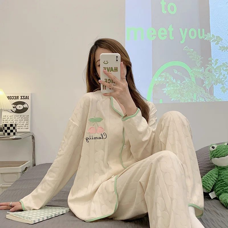 Yasuk Spring Autumn Fashion Women Casual Soft Print Sleepwear Homewear Pajamas With Pants Sweet Fruits Cherry Girl Simple