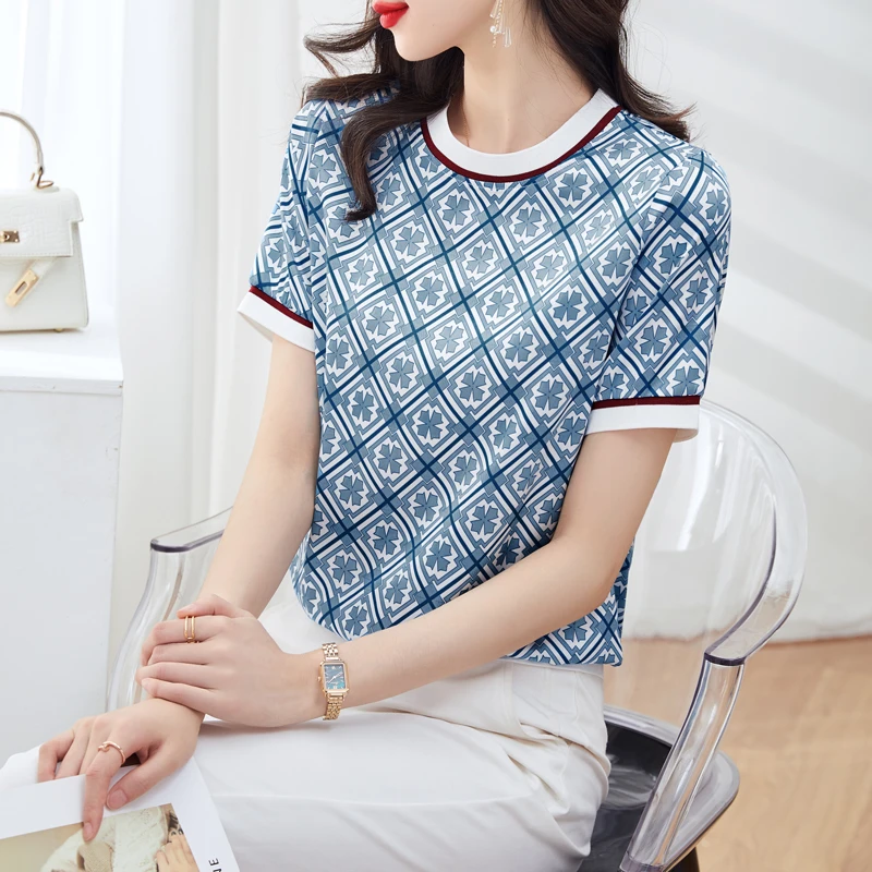 

High Quality Satin Women Clothing Short Sleeve 2022 Summer New Design Printed Silk Short Sleeve Tops Tees Casual Shirts For Lady