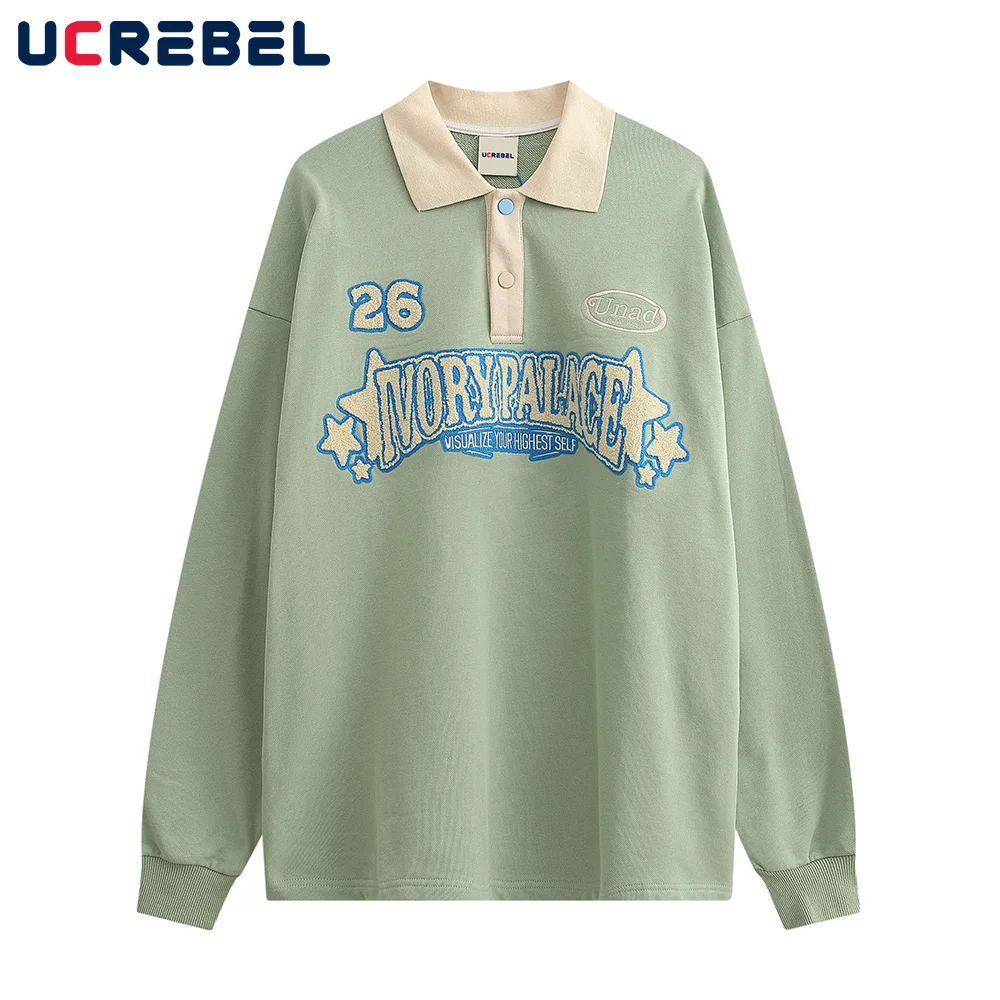 

Letter Towel Embroidery Long Sleeve Polo Shirt Mens Autumn Lapel Loose Sweatshirts Streetwear Color Block Sports Pullover Men