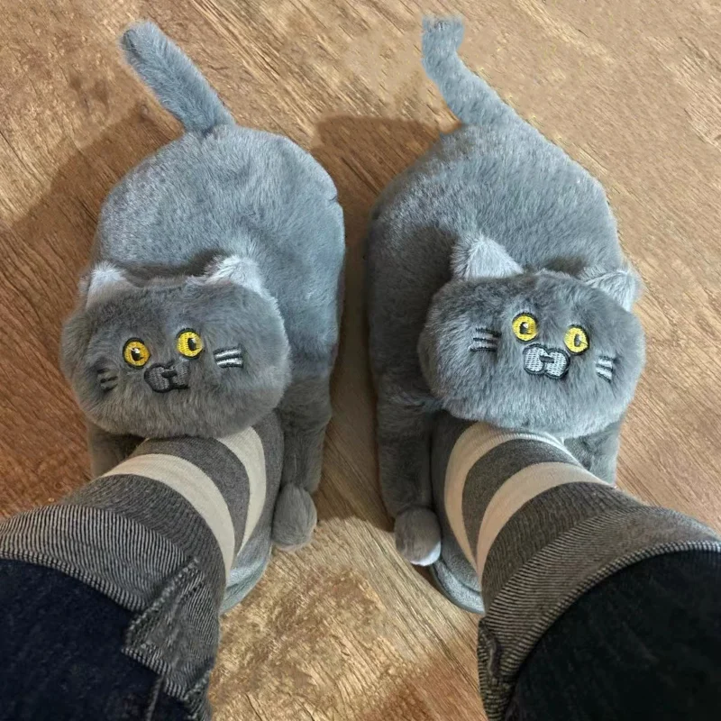 

Cat Slippers Women Winter Home Slides Kawaii Floor Cuddly Hug Shoes Furry Men Slippers Girl White Mules Funny Cute Gift Slippers