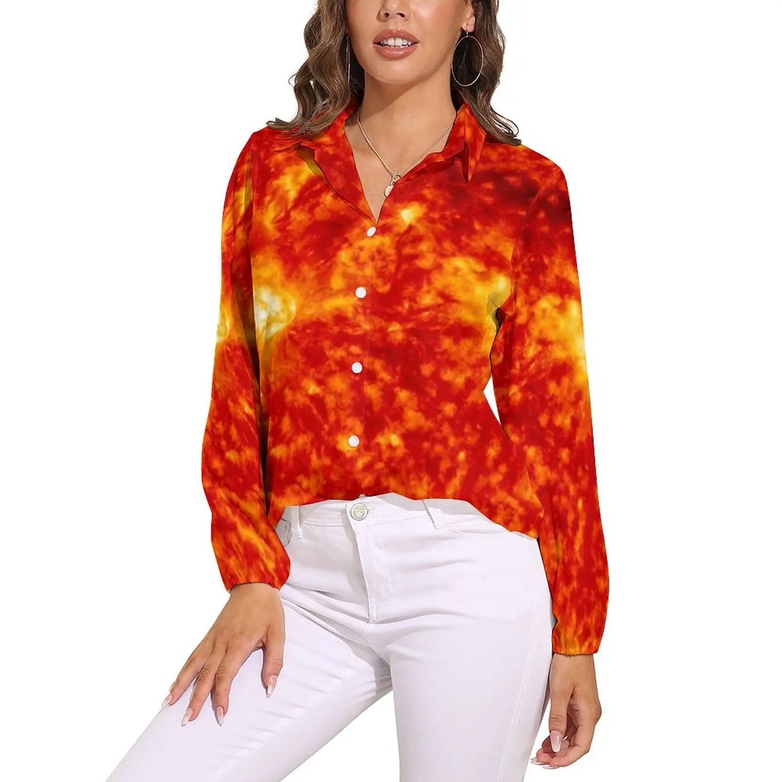 

Блузка женская с принтом солнца, модная Повседневная рубашка с абстрактным рисунком огня, топ оверсайз с длинным рукавом, весна