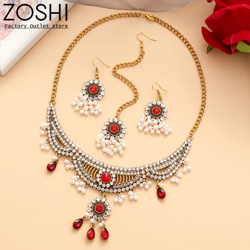 

Indian Wedding Jewelry Set Unique Asymmetrical Long Earring Necklace Set For Women Imitation Pearl Earring Crystal Flower Choker