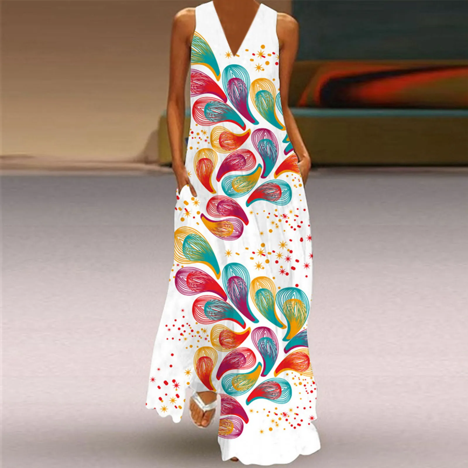 

Dress Print Sleeveless Party Dress Women Summer Pockets With Maxi Women's Dress
