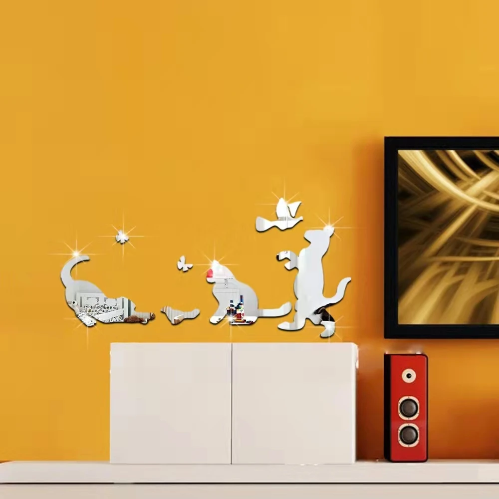 

Three Cats Catch Butterflies 3D New Removable Mirror Wall Sticker Self Adhesive Room Art Deco Decor Modern Bedroom Living Room
