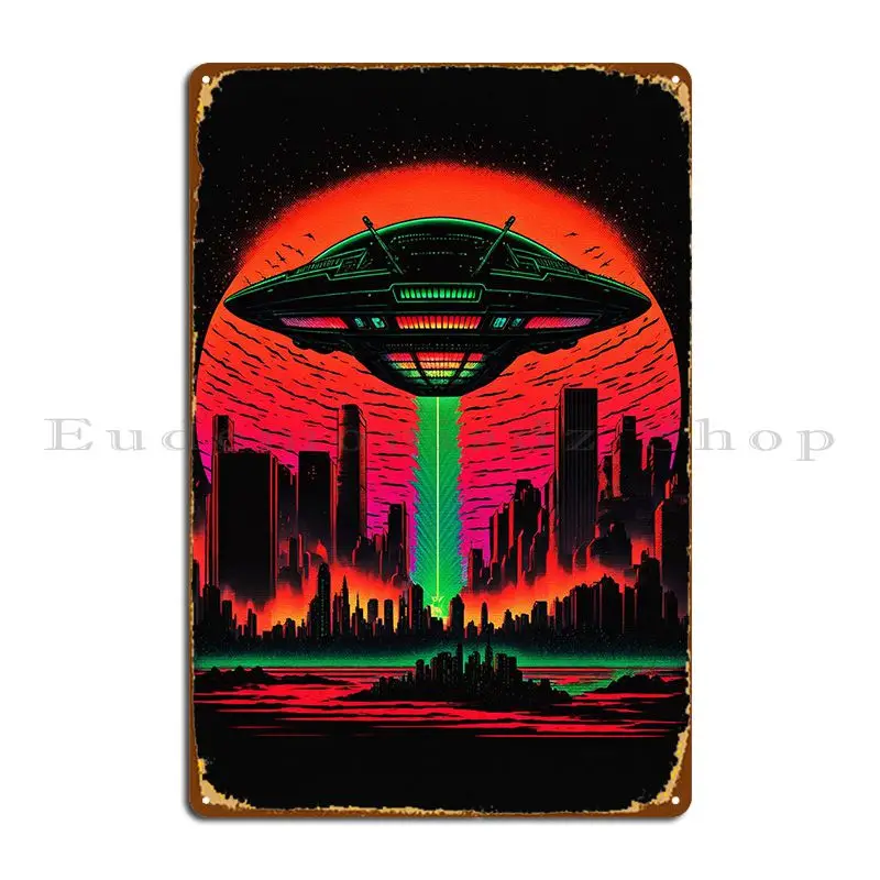 

UFO Overlooking The City Metal Plaque Poster Pub Club Club Bar Designs Wall Mural Tin Sign Poster