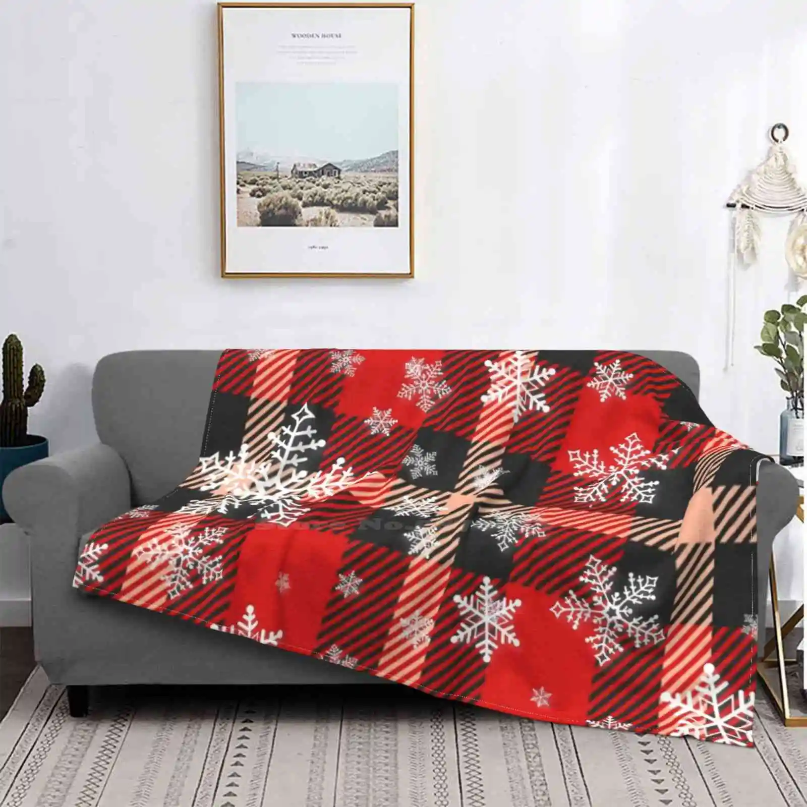 

Snow Winter Buffalo Plaid Christmas New Selling Custom Print Flannel Soft Blanket Snowflakes Winter Christmas Red Black Buffalo