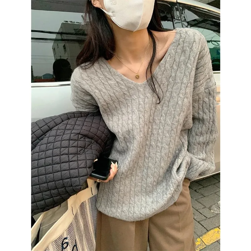 

Новинка Осень-зима вязаный жареный тесто тонкий Ленивый Стиль пуловер с V-образным вырезом мягкий восковой утолщенный винтажный свитер для женщин