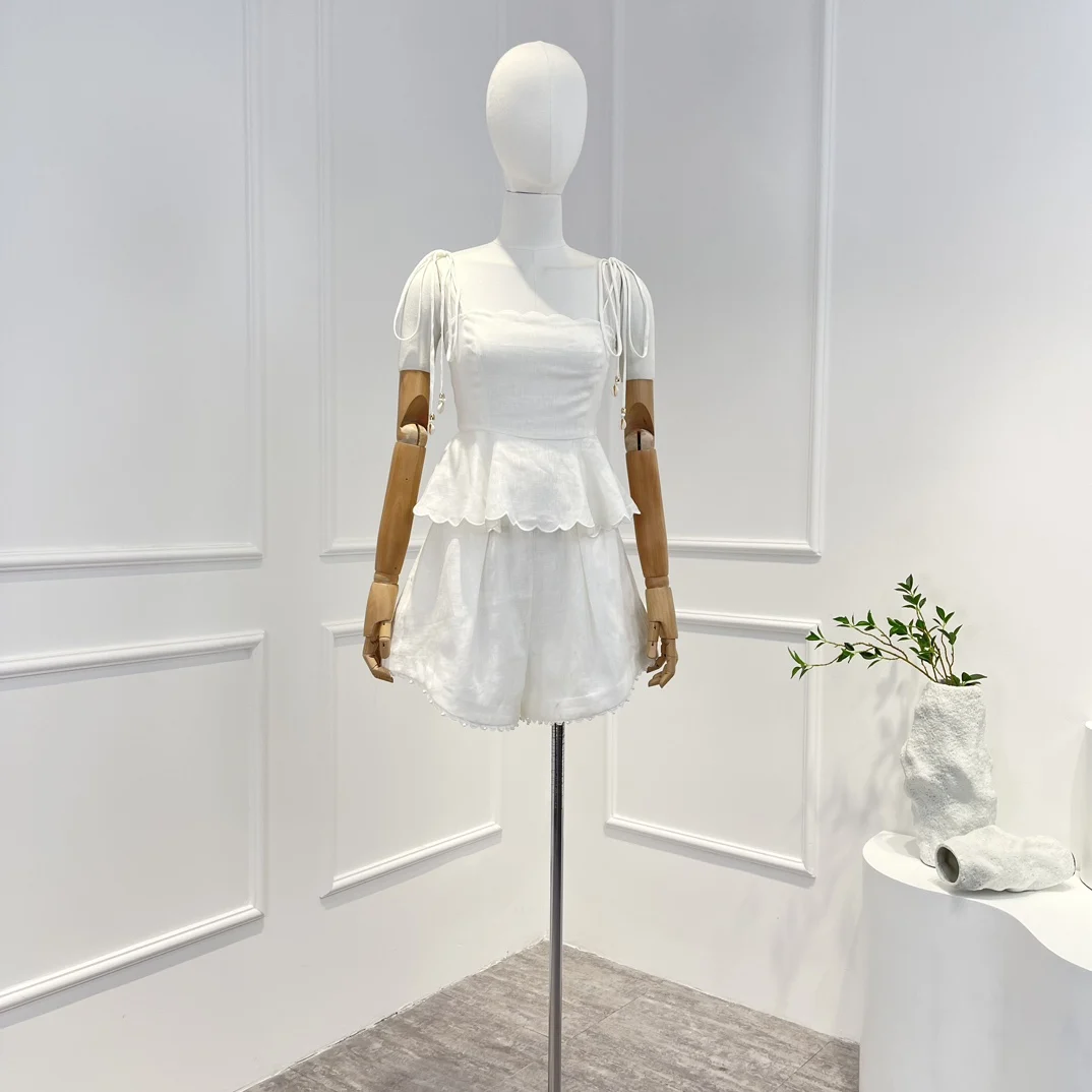 

2023 Spring Summer Top Quality Linen Solid White Matching Shorts Set Women