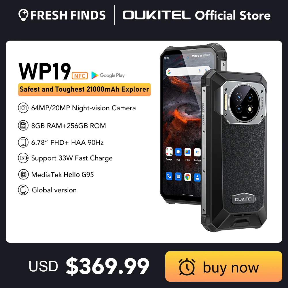 Oukitel WP19 Rugged Night Vision Smartphone, Cell Phone, Mobile Phone, 21000 mAh, 8 GB, 256 GB, 64M Camera, 90 Hz Helio G95