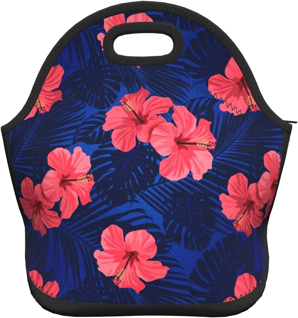 

Hawaii Tropical Flowers and Palm Leaves Insulated Neoprene Lunch Bag Waterproof Zip Closure with Reusable Large Capacity bag