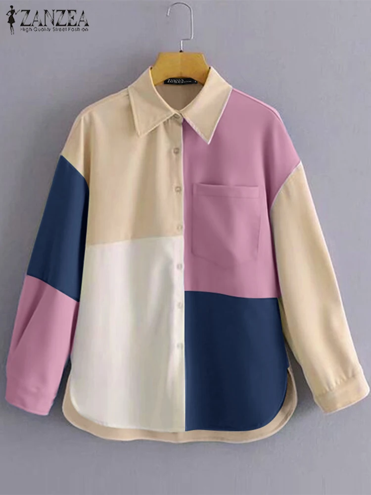 Женская рубашка с цветными блоками осень 2024 ZANZEA большие топы длинными рукавами