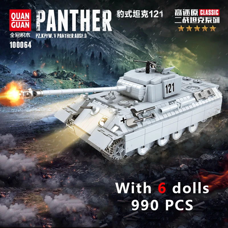 

990PCS 100064 WW2 Military Panther Tank 121 City WW2 Soldier Weapon Army Boys Toys For Building Blocks children gifts