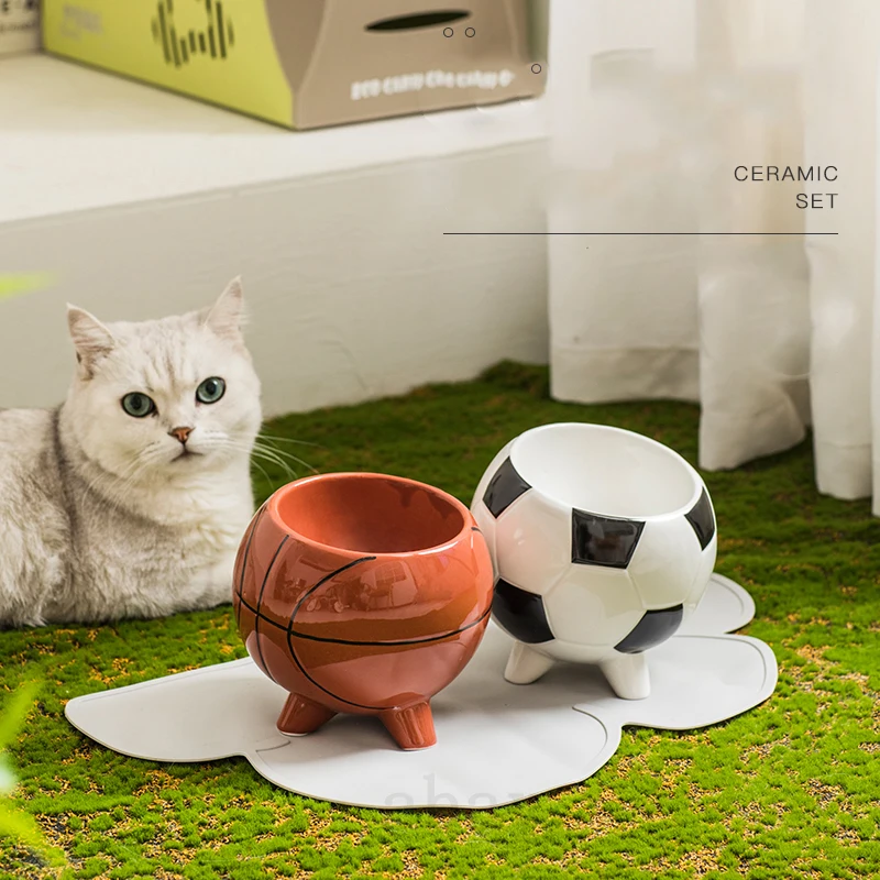 

Pet Bowl Ceramic Dog Cat Bowl Basketball Football Shape Protect Cervical Vertebra Tilt Puppy Drinking Food Feeder Bowl