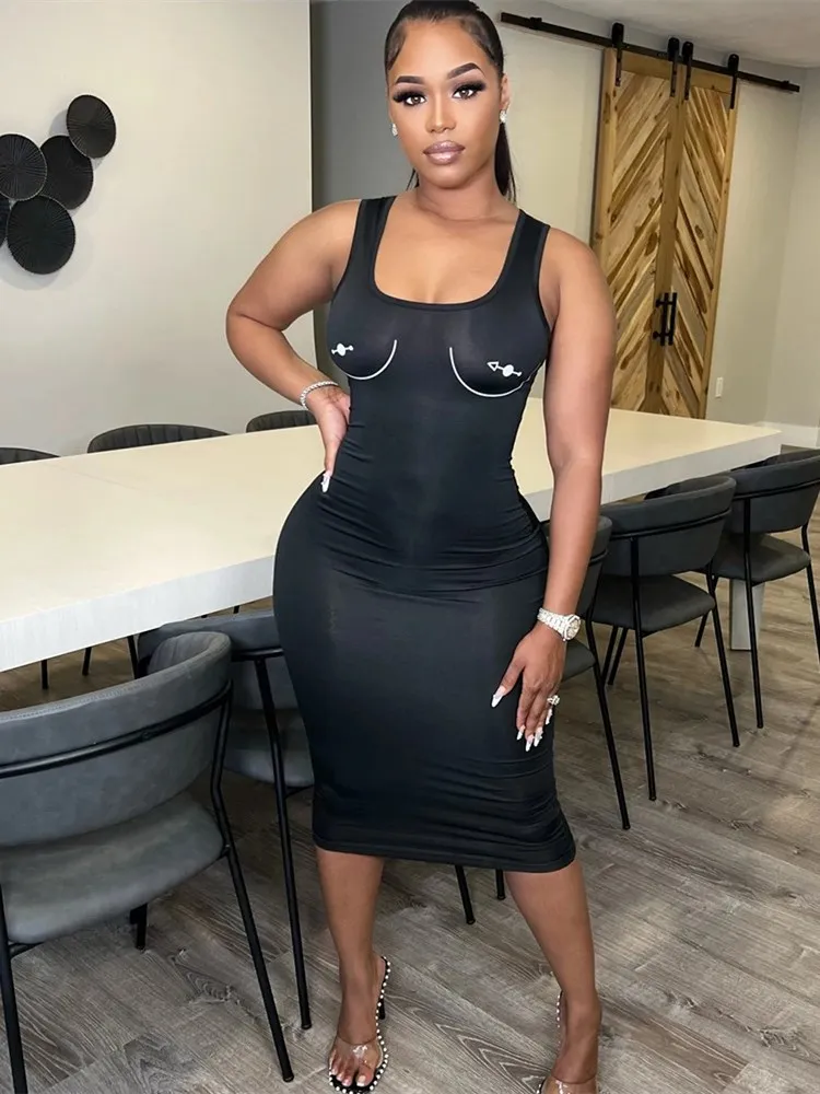 

WJFZQM летнее черное платье с глубоким вырезом, Женский Топ без рукавов, облегающие платья средней длины для клувечерние, повседневное элегант...