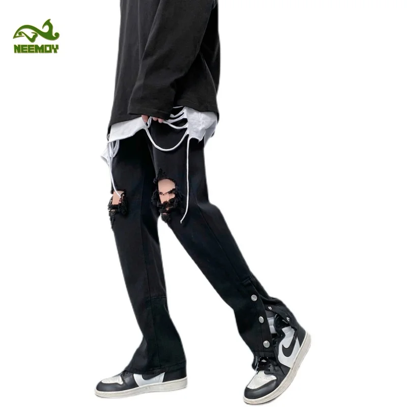 Neemoy 2022 New High Street Ripped Hole Hole Jeans Slim Flared Pants Men and Women High Waisted Denim Jeans Sexy Ripped Jeans