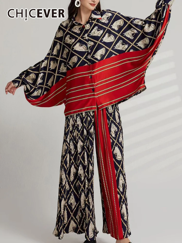 

Женский комплект из двух предметов CHICEVER, свободная блузка с отложным воротником и рукавами-фонариками, широкие брюки с высокой талией, повседневные комплекты, Новинка