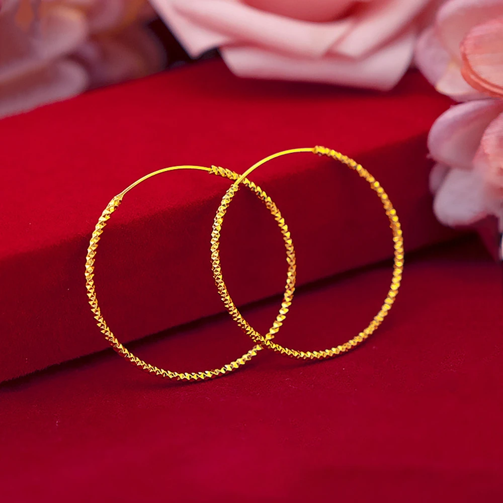 

36mm Carved Round Circle Women Hoop Earrings 18k Yellow Gold Filled Classic Sexy Lady Fashion Huggie Earrings Simple Gift