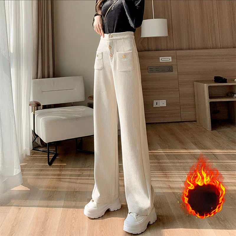

Chenille Fleece-Lined Thicked Wide Leg Pants Women 2022 Autumn Winter High Waist Slim Straight Pants Corduroy Loose Casual Pants